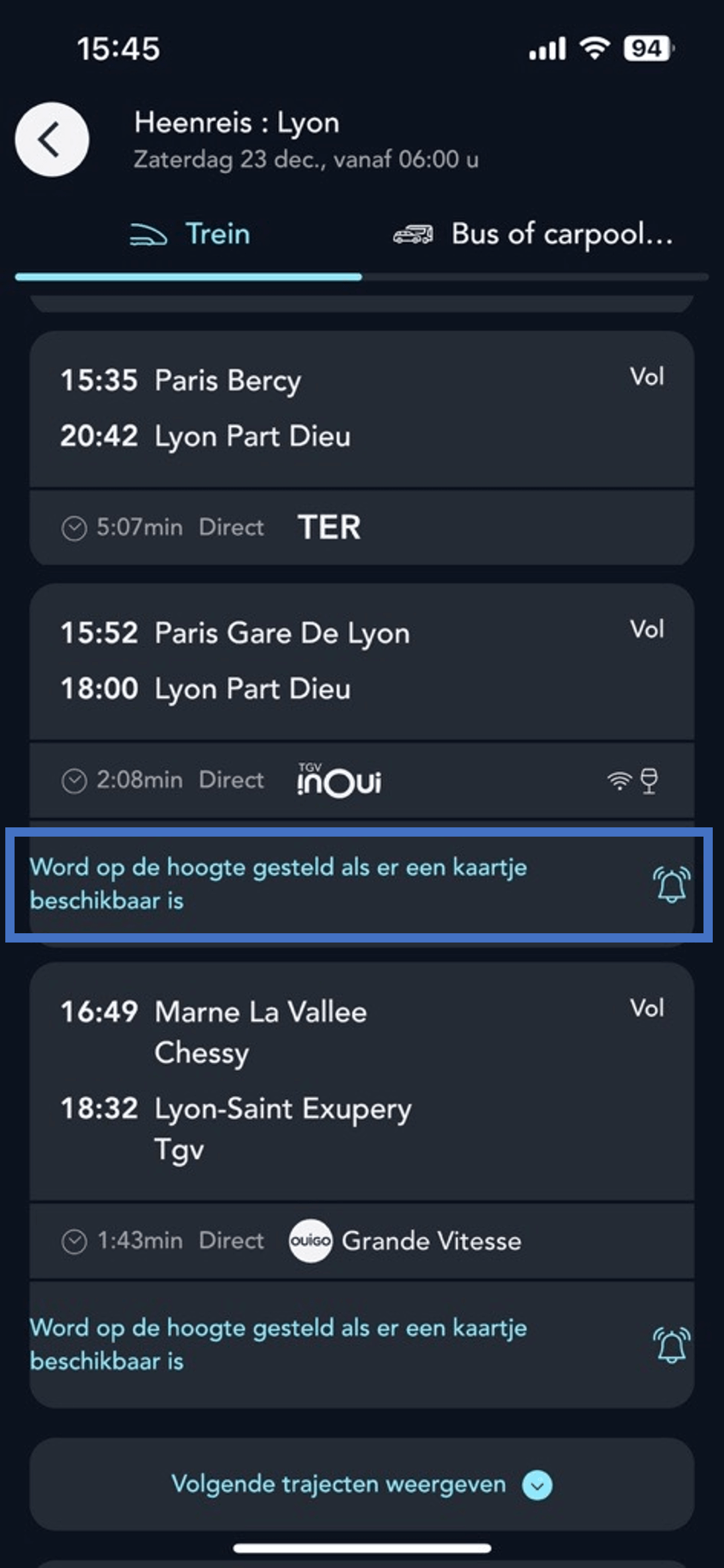scherm van de pagina met zoekresultaten voor tickets op de SNCF Connect-applicatie ter illustratie van de volledige treinwaarschuwingsoptie